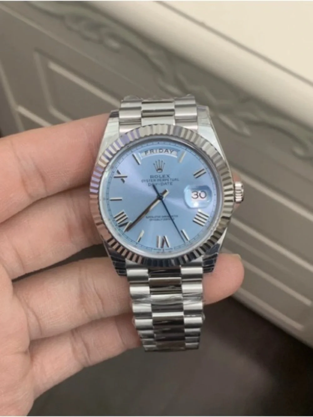 Rolex Day-Date Men's Watch - Ice Blue Dial, Silver Bracelet